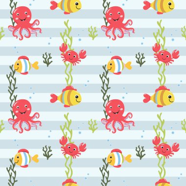 Ahtapot, balık ve yengeçle kusursuz desen. Şirin deniz hayvanları. Çizgi film denizi. Su altı karakterleri ile renkli arkaplan.
