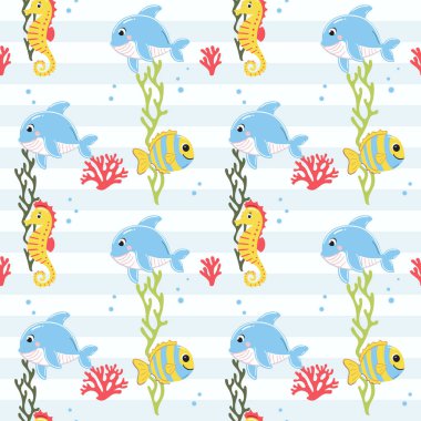 Ahtapot, balık ve yengeçle kusursuz desen. Şirin deniz hayvanları. Çizgi film denizi. Su altı karakterleri ile renkli arkaplan.