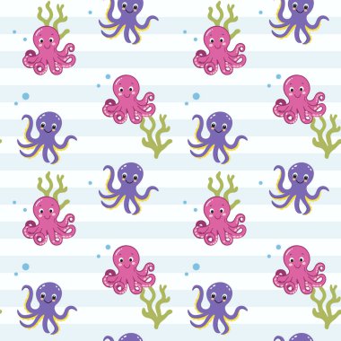 Yavru ahtapotta kusursuz desen. Şirin deniz hayvanları. Su altı karakterleri ile renkli arkaplan.