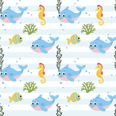 Yavru yunus ve deniz atlarında kusursuz desen. Şirin deniz hayvanları. Su altı karakterleri ile renkli arkaplan.