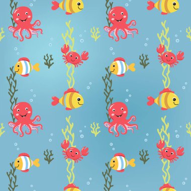 Ahtapot, balık ve yengeçle kusursuz desen. Şirin deniz hayvanları. Çizgi film denizi. Su altı karakterleri ile renkli arkaplan.