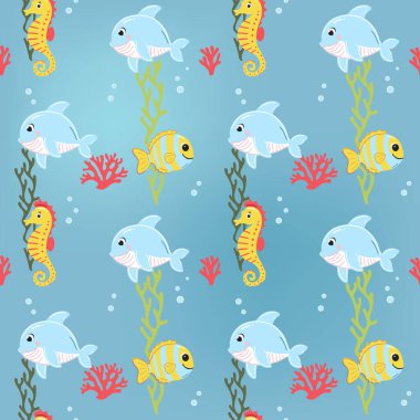Ahtapot, balık ve yengeçle kusursuz desen. Şirin deniz hayvanları. Çizgi film denizi. Su altı karakterleri ile renkli arkaplan.