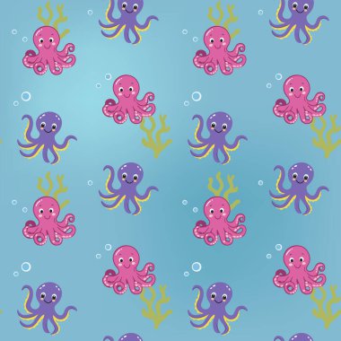 Yavru ahtapotta kusursuz desen. Şirin deniz hayvanları. Su altı karakterleri ile renkli arkaplan.
