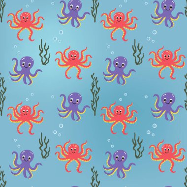 Yavru ahtapotta kusursuz desen. Şirin deniz hayvanları. Su altı karakterleri ile renkli arkaplan.