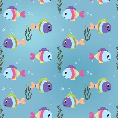 Balıklarla kusursuz desen. Şirin deniz hayvanları. Su altı karakterleri ile renkli arkaplan.