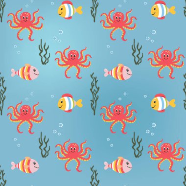 Yavru ahtapotta kusursuz desen. Şirin deniz hayvanları. Su altı karakterleri ile renkli arkaplan.