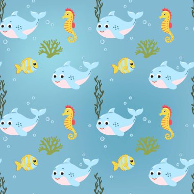 Yavru yunus ve deniz atlarında kusursuz desen. Şirin deniz hayvanları. Su altı karakterleri ile renkli arkaplan.