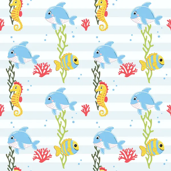 Ahtapot, balık ve yengeçle kusursuz desen. Şirin deniz hayvanları. Çizgi film denizi. Su altı karakterleri ile renkli arkaplan.