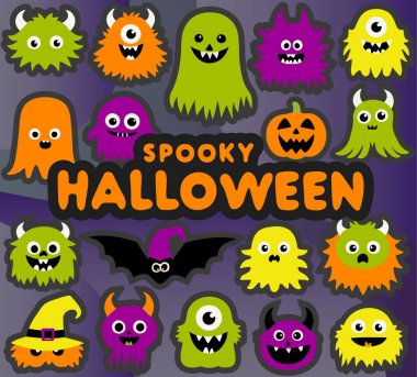 Sevimli canavar vektör seti. Mutlu Cadılar Bayramı. Düz stilde renkli canavar suratı. Duyguları olan komik karakterler.. 