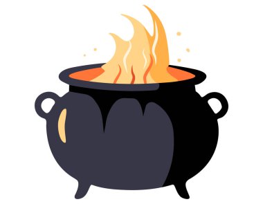 Alevli cadılar kazanı - vektör illüstrasyonu. Çizgi film tarzında cadılar bayramı elementi. 