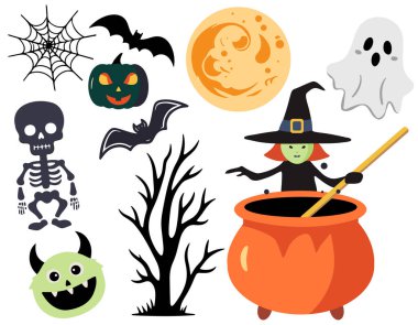 Cadılar Bayramı seti cadısı, balkabağı, hayalet, iskelet. Cadılar Bayramı için çizgi film tarzında karakterler ve elementler. 