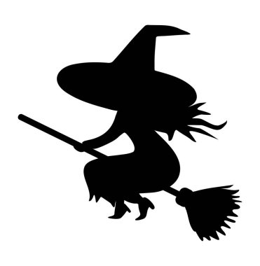 Cadı silueti. Süpürgedeki cadı. Bir cadının silueti, kara cadı. Büyücülük. Cadılar Bayramı konsepti