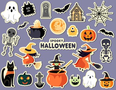 Cadılar Bayramı çıkartması seti. Cadı, balkabağı, hayalet, canavar, iskelet. Cadılar Bayramı için karakterler ve elementler. 