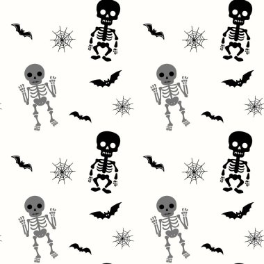 İskeletli tek renkli cadılar bayramı deseni. Komik iskeletler. Cadılar Bayramı geçmişleri, kusursuz desenler.. 