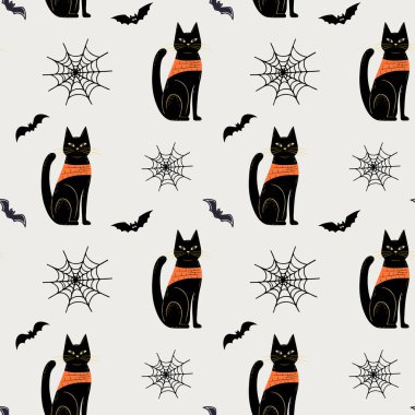 Kara kedi ve yarasayla Cadılar Bayramı şablonu. Cadılar Bayramı geçmişleri, kusursuz desenler.. 