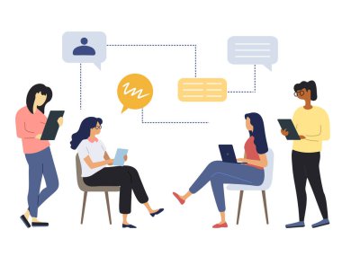 Kızlar birlikte çalışır ve aletlerinin önünde görevlerini tartışırlar. Düz stil vektör çizimi. Ofis hayatı. 