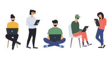 Bilgisayarlı bir grup izole insan. Bilgisayarlı çeşitli erkek ve kadınlar uzaktan kumandalı iş iletişiminde. İş adamları ofis hayatı. Düz Çizim