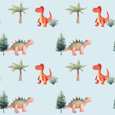 Şirin suluboya dinozorlar ve ağaçlarla kusursuz bir desen. Suluboya çocuk odası geçmişleri