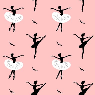 Pembe arka planda balerin siluetleri olan kusursuz bir desen. Dans arka planı. Bale dansı.