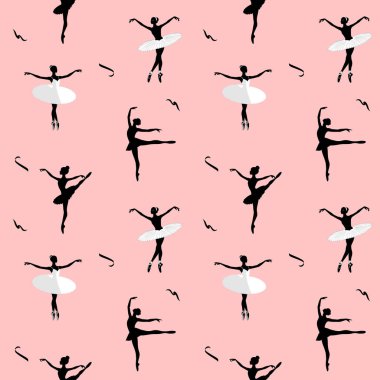 Bale dansı. Pembe arka planda balerin siluetleri olan kusursuz bir desen. Dans arkaplanı. 