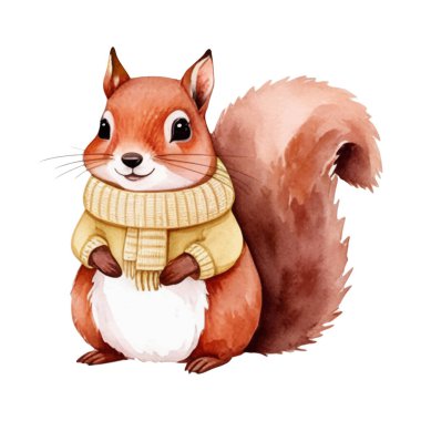 Kış kıyafetleri içinde suluboya sincap. Sıcak kıyafetler içindeki sevimli hayvanlar. Elle çizilmiş sincap resmi.