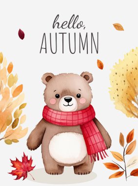 Güzel ayılı ve parlak yapraklı bir poster. Sonbahar arkaplanı, afiş, broşür tasarımı. Sonbahar şablonu