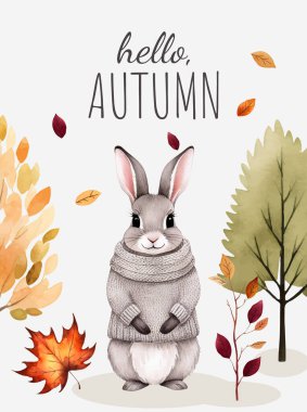 Güzel tavşanlı ve altın tişörtlü bir poster. Sonbahar arkaplanı, afiş, broşür tasarımı. Sonbahar şablonu