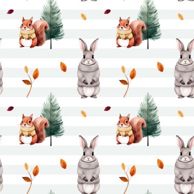 Orman hayvanlarının sıcak giysiler içinde kusursuz bir desen. Güzel bir sonbahar geçmişi var. Suluboya tavşan duvar kağıdı