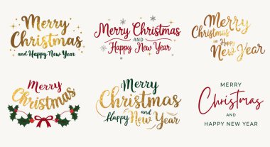 Noel simgeleri seti. Mutlu noeller, parıltılı altın harfler. Pankart, kart, paket için.