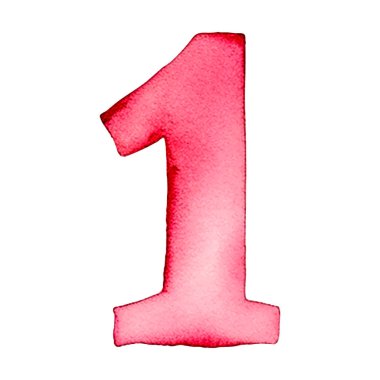 El yapımı suluboya numara 1. Beyaz arka planda izole edilmiş bir numaranın pembe resmi. 