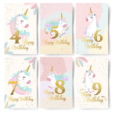 4 'ten 9' a kadar sayıları olan şirin tek boynuzlu atların olduğu doğum günü kartları seti. Nazik tek boynuzlu at doğum günü tebrik kartı, davet