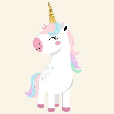 Pastel renkli altın boynuzlu şirin tek boynuzlu at. Tek boynuzlu at etiketi. Kibar çocuksu çizimler.