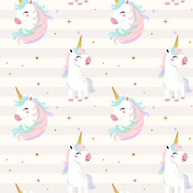 Tek boynuzlu, altın boynuzlu kusursuz desen. Pastel renklerde yumuşak arka planlar. Tek boynuzlu at duvar kağıdı.