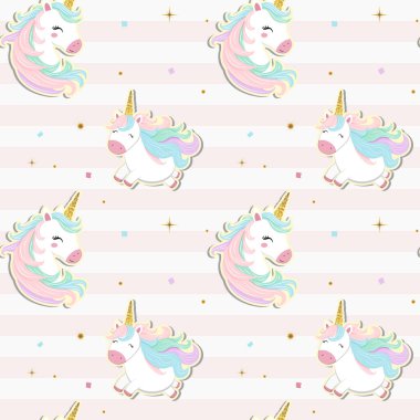 Tek boynuzlu, altın boynuzlu kusursuz desen. Pastel renklerde yumuşak arka planlar. Tek boynuzlu at duvar kağıdı.