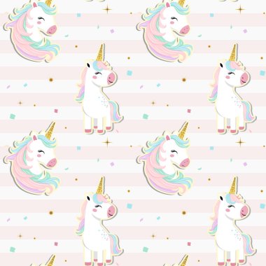 Tek boynuzlu at duvar kağıdı. Tek boynuzlu, altın boynuzlu kusursuz desen. Pastel renklerde yumuşak arkaplan. 