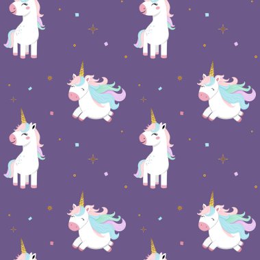 Tek boynuzlu, altın boynuzlu kusursuz desen. Mor arkaplan, pastel renkler. Tek boynuzlu at duvar kağıdı.