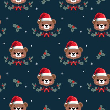 Noel Baba şapkalı sevimli ayıyla kışın pürüzsüz bir desen. Noel geçmişleri. Yeni yıl dekorasyonu. Çizgi film xmas deseni. 