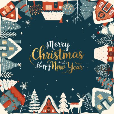 Kare kış kartı, altın harfli Noel çerçevesi, skandi evleri, karlı ağaçlar. Yeni yıl, kış süsü, poster