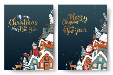 Xmas kartları, Skandi evleri, ağaçlar ve altın harflerle çerçeveler. Noel ve Yeni Yıl kavramları. Kış posteri