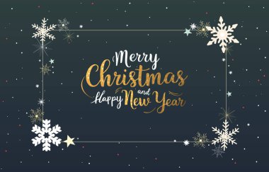 Mutlu noel aralığı ve noel öğeleri. Noel tasarımı, arka plan, altın harfli poster. Koyu arkaplan