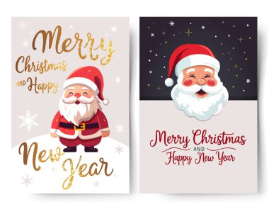 Bir dizi Noel çerçevesi, içinde Noel Baba ve altın harfler olan bir poster. Yeni yıl Mutlu Noeller tasarımı. Kış kartları.