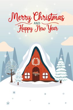 İçinde Scandi House olan bir Noel kartı. Altın harfler. Yeni yıl davetiyesi, kartpostal ve afişi için vektör illüstrasyonu