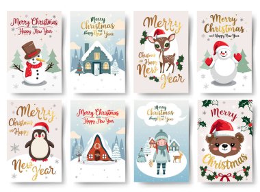 İçinde şirin kış karakterleri olan bir sürü Noel kartı, İskandinav evleri. Altın harfler. Tebrik kartı koleksiyonu. Yeni yıl afişi