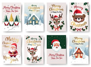 Big set of Christmas cards with winter characters. Golden lettering, scandinavian houses. Childish greeting card collection. clipart