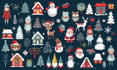 Bir sürü şirin Noel elementi. Kış karakterleri. Noel Baba 'yla, hayvanlarla, cücelerle, evlerle, karlı ağaçlarla, kızlarla, geyiklerle mutlu Noeller. Pankartlar için..