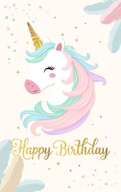 Güzel tek boynuzlu at ve altın yazılı doğum günü kartın kutlu olsun. Nazik tek boynuzlu at şablonu, tebrik kartı, davetiye