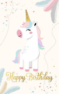 Güzel tek boynuzlu atların ve altın harflerin olduğu doğum günün kutlu olsun. Nazik tek boynuzlu at şablonu, tebrik kartı, davetiye
