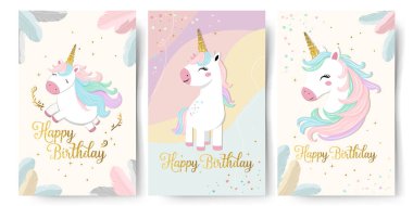 Güzel tek boynuzlu at ve altın yazılı doğum günü kartı seti. Nazik şablonlar, çerçeveler. Altın boynuz