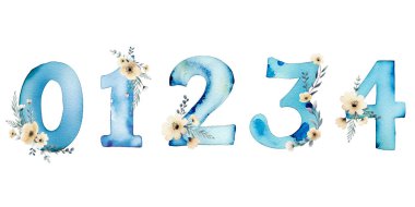 Narin çiçekli mavi suluboya numaralar. Elle boyanmış suluboya numaraları. Numaralar 012314.