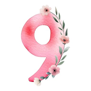 9 numaralı suluboya, narin çiçeklerle çizilmiş. Dokuz numaranın pembe resmi..